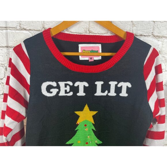 Tipsy Elves "Get Lit" Ugly Christmas Sweater Sz S Tree Lights Actually Up - Picture 2 of 7